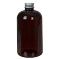 12 oz. Light Amber PET Squat Boston Round Bottle with 24/410 Brushed Silver Aluminum Cap with Foam Liner