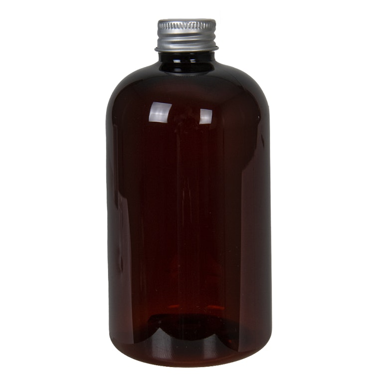 12 oz. Light Amber PET Squat Boston Round Bottle with 24/410 Brushed Silver Aluminum Cap with Foam Liner