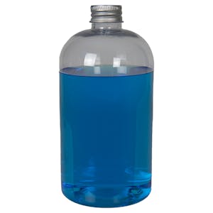 16 oz. Clear PET Squat Boston Round Bottle with 24/410 Brushed Silver Aluminum Cap with Foam Liner