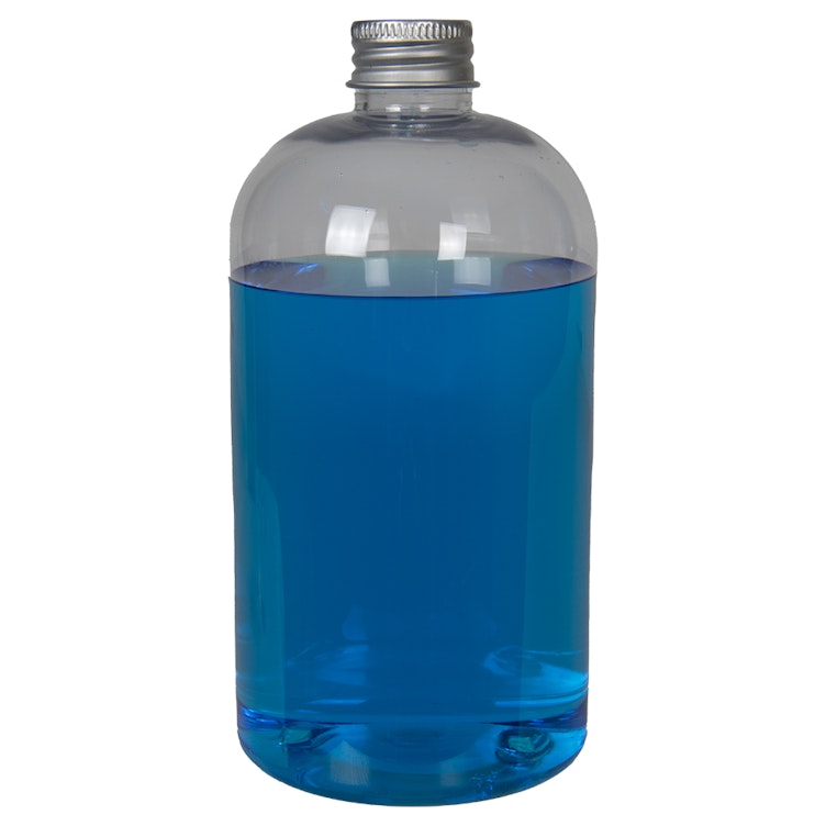 16 oz. Clear PET Squat Boston Round Bottle with 24/410 Brushed Silver Aluminum Cap with Foam Liner