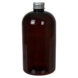 16 oz. Light Amber PET Squat Boston Round Bottle with 24/410 Brushed Silver Aluminum Cap with Foam Liner