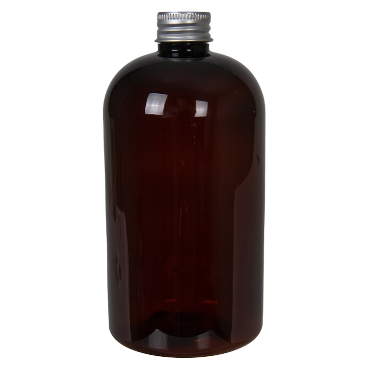 16 oz. Light Amber PET Squat Boston Round Bottle with 24/410 Brushed Silver Aluminum Cap with Foam Liner