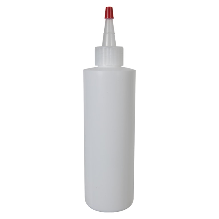 8 oz. White LDPE Cylindrical Bottle with 24/410 Natural Yorker Dispensing Cap with Regular Red Tip