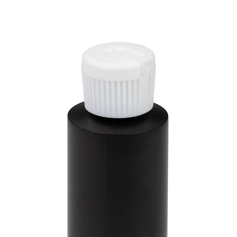 2 oz. Black HDPE Cylindrical Sample Bottle with 20/410 White Ribbed Flip-Top Dispensing Cap
