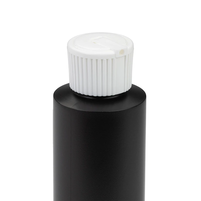 4 oz. Black HDPE Cylindrical Sample Bottle with 24/410 White Ribbed Flip-Top Dispensing Cap