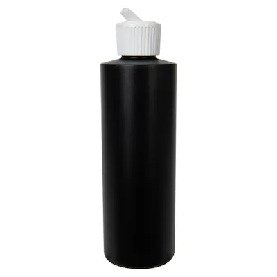 8 oz. Black HDPE Cylindrical Sample Bottle with 24/410 White Ribbed Flip-Top Dispensing Cap