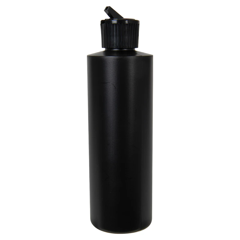 8 oz. Black HDPE Cylindrical Sample Bottle with 24/410 Black Ribbed Flip-Top Dispensing Cap