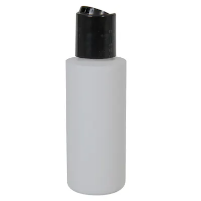 2 oz. White HDPE Cylindrical Sample Bottle with 20/410 Black Disc-Top Dispensing Cap