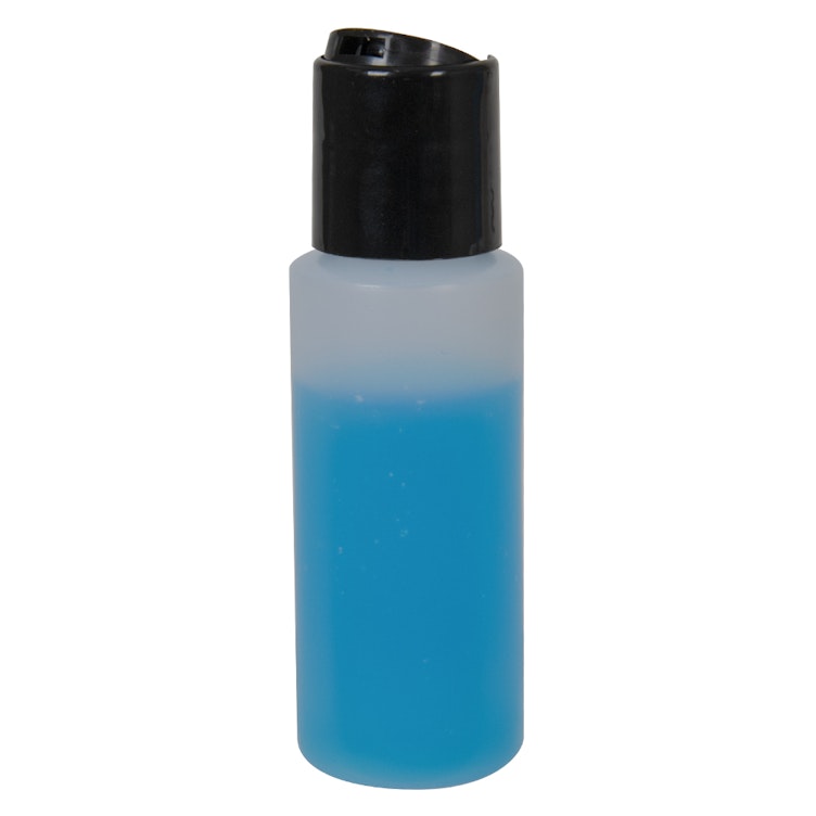 2 oz. Natural HDPE Cylindrical Sample Bottle with 24/410 Black Disc-Top Dispensing Cap
