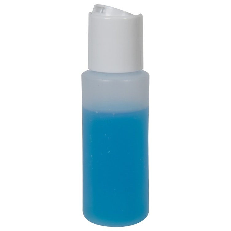2 oz. Natural HDPE Cylindrical Sample Bottle with 24/410 White Disc-Top Dispensing Cap