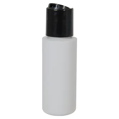 2 oz. White HDPE Cylindrical Sample Bottle with 24/410 Black Disc-Top Dispensing Cap
