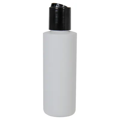 4 oz. White HDPE Cylindrical Sample Bottle with 20/410 Black Disc-Top Dispensing Cap