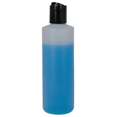 6 oz. Natural HDPE Cylindrical Sample Bottle with 24/410 Black Disc-Top Dispensing Cap