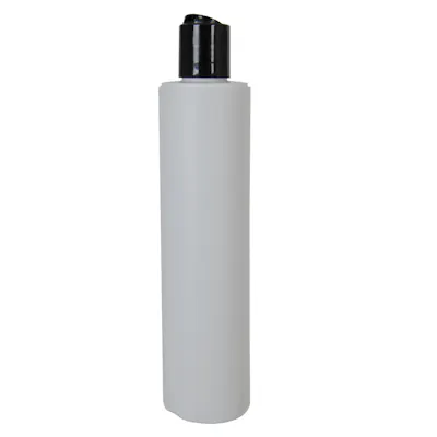 8 oz. White HDPE Cylindrical Sample Bottle with 24/410 Black Disc-Top Dispensing Cap