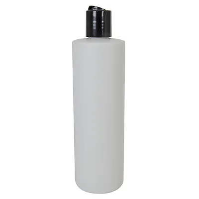 12 oz. White HDPE Cylindrical Sample Bottle with 24/410 Black Disc-Top Dispensing Cap