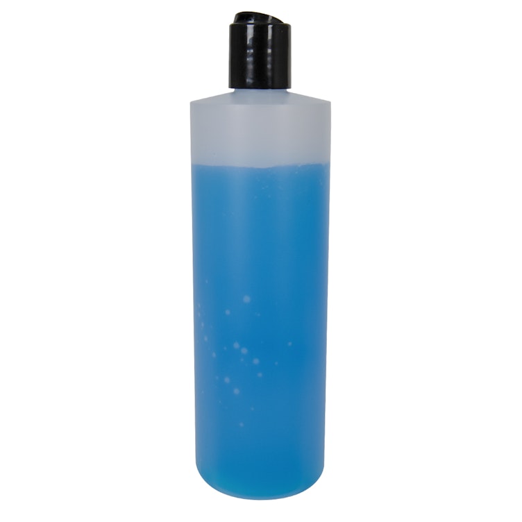 12 oz. White HDPE Cylindrical Sample Bottle with 24/410 Black Disc-Top Dispensing Cap