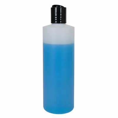 16 oz. Natural HDPE Flame-Treated Cylindrical Sample Bottle with 28/410 Black Disc-Top Dispensing Cap