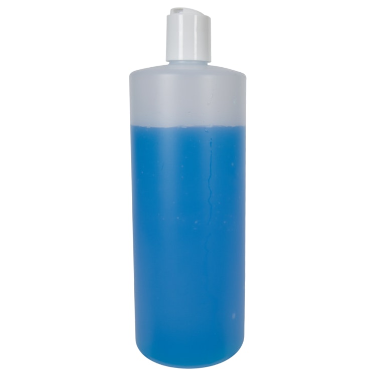32 oz. Natural HDPE Flame-Treated Cylindrical Sample Bottle with 28/410 White Disc-Top Dispensing Cap