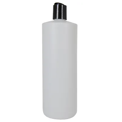 32 oz. White HDPE Cylindrical Sample Bottle with 28/410 Black Disc-Top Dispensing Cap