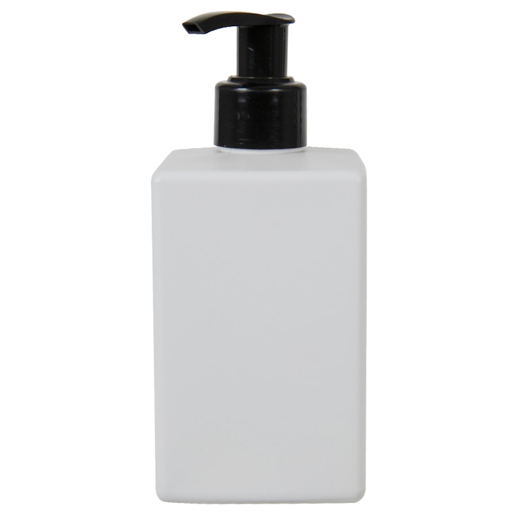 10 oz. White HDPE Square Bottle with 24/410 Black Smooth Lock-Up Lotion Pump