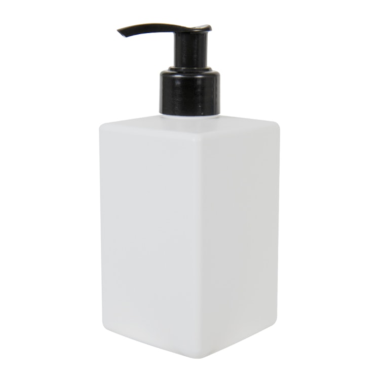10 oz. White HDPE Square Bottle with 24/410 Black Smooth Lock-Up Lotion Pump