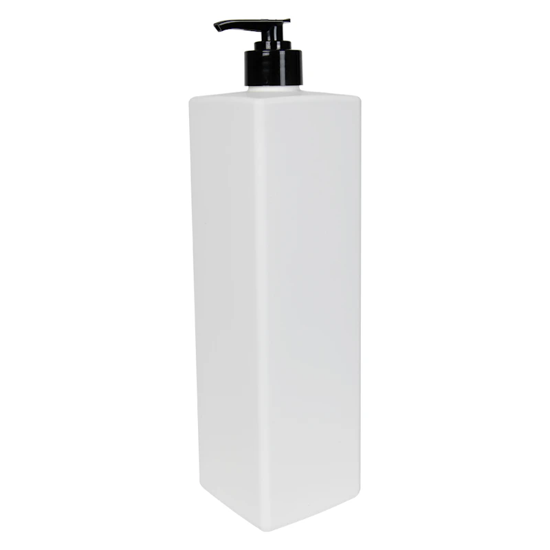 32 oz. White HDPE Square Bottle with 28/410 Black Smooth Lock-Down Lotion Pump