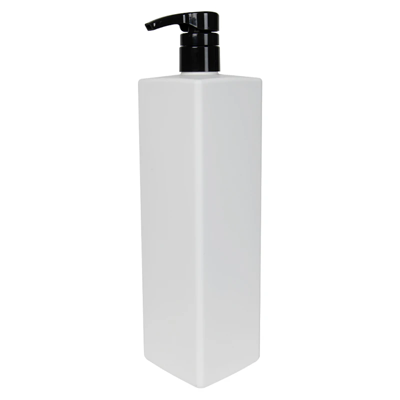 32 oz. White HDPE Square Bottle with 28/410 Black Smooth Lock-Down Showerproof Pump