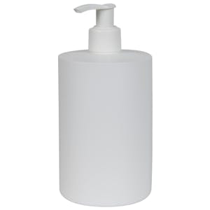 17 oz. White HDPE Squat Cylindrical Straight Bottom Bottle with 24/410 White Smooth Lock-Up Lotion Pump
