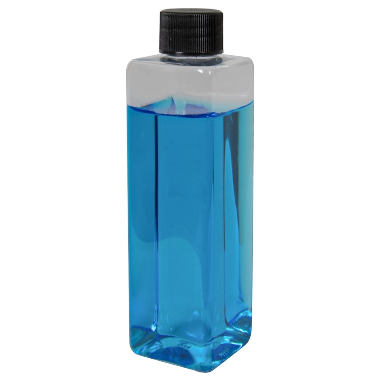 4 oz. Clear PET Square Bottle with 20/410 Black Ribbed Cap with F217 Liner