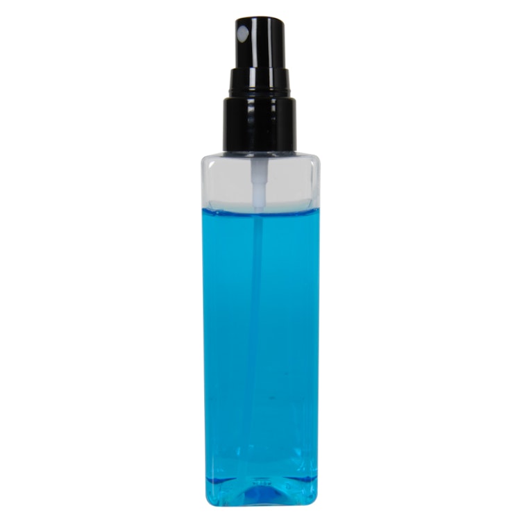 4 oz. Clear PET Square Bottle with 20/410 Smooth Black Fine Mist Finger Sprayer & 0.14mL Output
