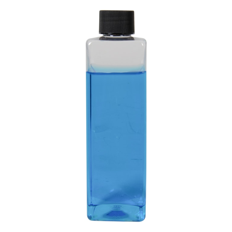 8 oz. Clear PET Square Bottle with 24/410 Black Ribbed Cap with F217 Liner