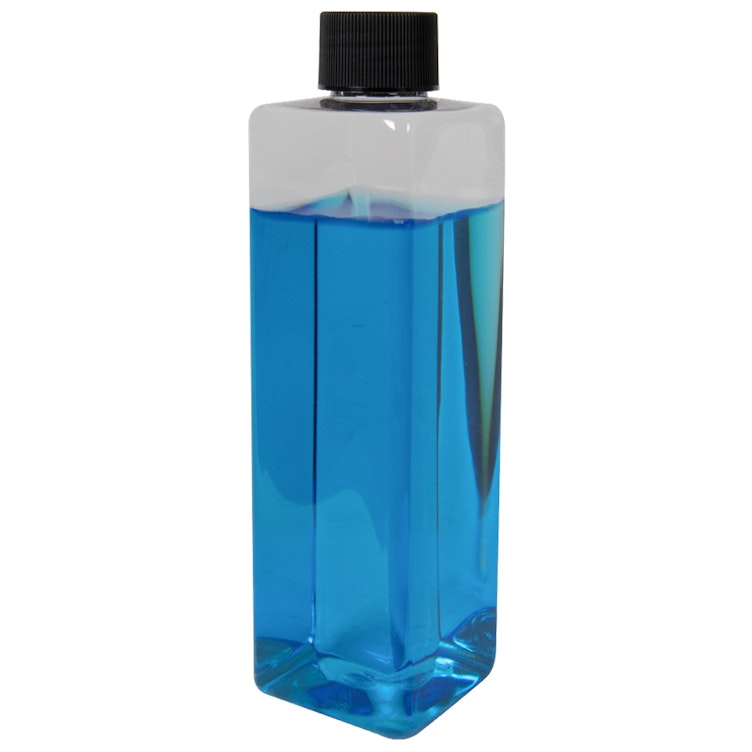 8 oz. Clear PET Square Bottle with 24/410 Black Ribbed Cap with F217 Liner