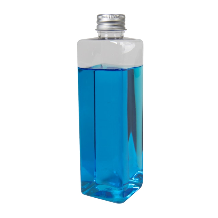 8 oz. Clear PET Square Bottle with 20/410 Brushed Silver Aluminum Cap with Foam Liner