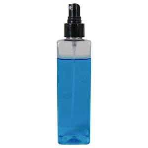 8 oz. Clear PET Square Bottle with 24/410 Smooth Black Fine Mist Finger Sprayer & 0.16mL Output