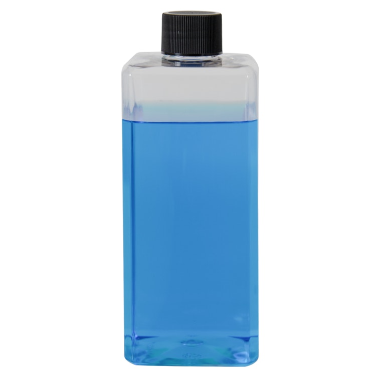 14 oz. Clear PET Square Bottle with 24/410 Black Ribbed Cap with F217 Liner