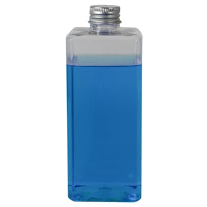 14 oz. Clear PET Square Bottle with 20/410 Brushed Silver Aluminum Cap with Foam Liner