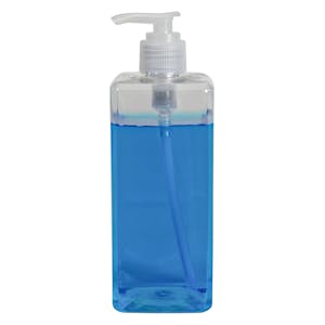 14 oz. Clear PET Square Bottle with 24/410 Ribbed Natural Lock-Down Lotion Pump & 2mL Output