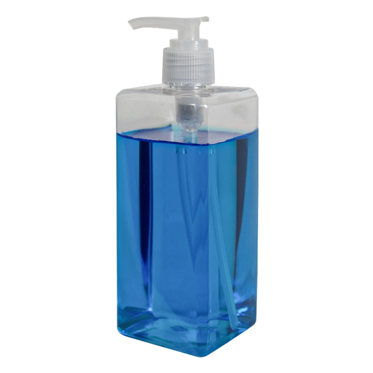 14 oz. Clear PET Square Bottle with 24/410 Ribbed Natural Lock-Down Lotion Pump & 2mL Output