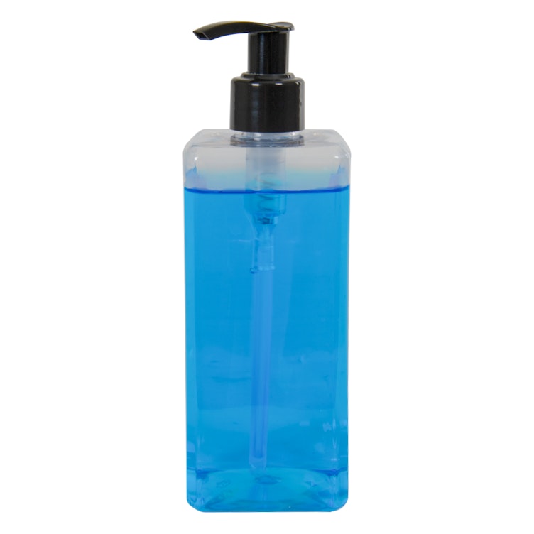 14 oz. Clear PET Square Bottle with 24/410 Smooth Black Lock-Up Lotion Pump & 1.2mL Output