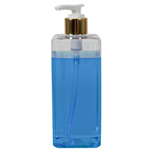 14 oz. Clear PET Square Bottle with 24/410 Smooth Gold/White Lock-Down Lotion Pump & 2mL Output