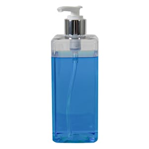 14 oz. Clear PET Square Bottle with 24/410 Smooth Silver/White Lock-Down Lotion Pump & 2mL Output