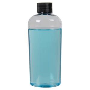 4 oz. Clear PET Cosmo High Clarity Oval Bottle with 20/410 Black Ribbed Cap with F217 Liner