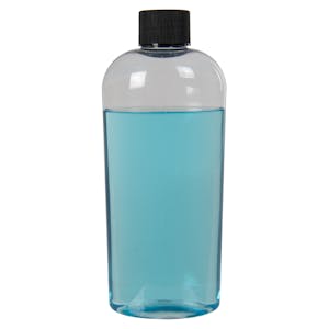 8 oz. Clear PET Cosmo High Clarity Oval Bottle with 24/410 Black Ribbed Cap with F217 Liner