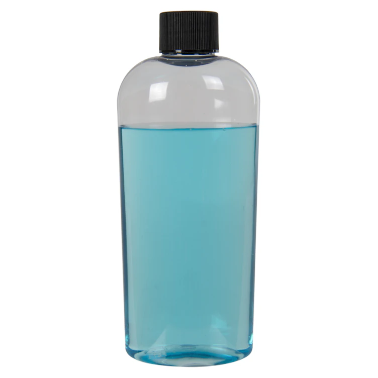 8 oz. Clear PET Cosmo High Clarity Oval Bottle with 24/410 Black Ribbed Cap with F217 Liner