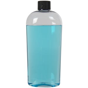 15.2 oz. Clear PET Vale High Clarity Oval Bottle with 28/410 Black Ribbed Cap with F217 Liner
