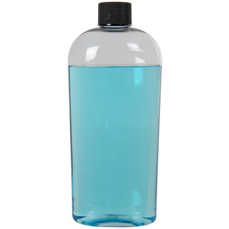 15.2 oz. Clear PET Vale High Clarity Oval Bottle with 28/410 Black Ribbed Cap with F217 Liner