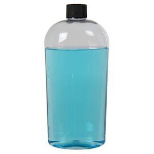16 oz. Clear PET Cosmo High Clarity Oval Bottle with 24/410 Black Ribbed Cap with F217 Liner