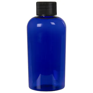 2 oz. Cobalt Blue PET Cosmo Oval Bottle with 20/410 Black Ribbed Cap with F217 Liner