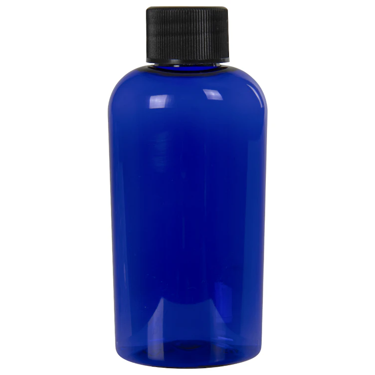 2 oz. Cobalt Blue PET Cosmo Oval Bottle with 20/410 Black Ribbed Cap with F217 Liner