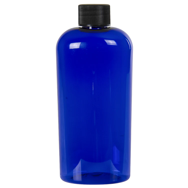 4 oz. Cobalt Blue PET Cosmo Oval Bottle with 20/410 Black Ribbed Cap with F217 Liner
